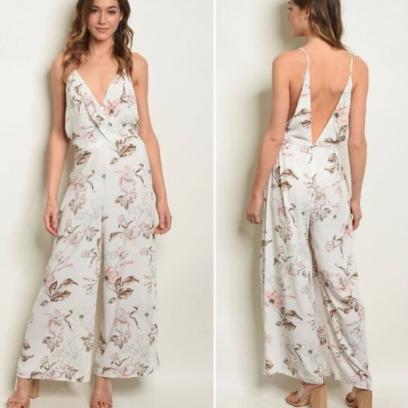 Lush Pants - Lush White Floral Wide Leg Jumpsuit Small